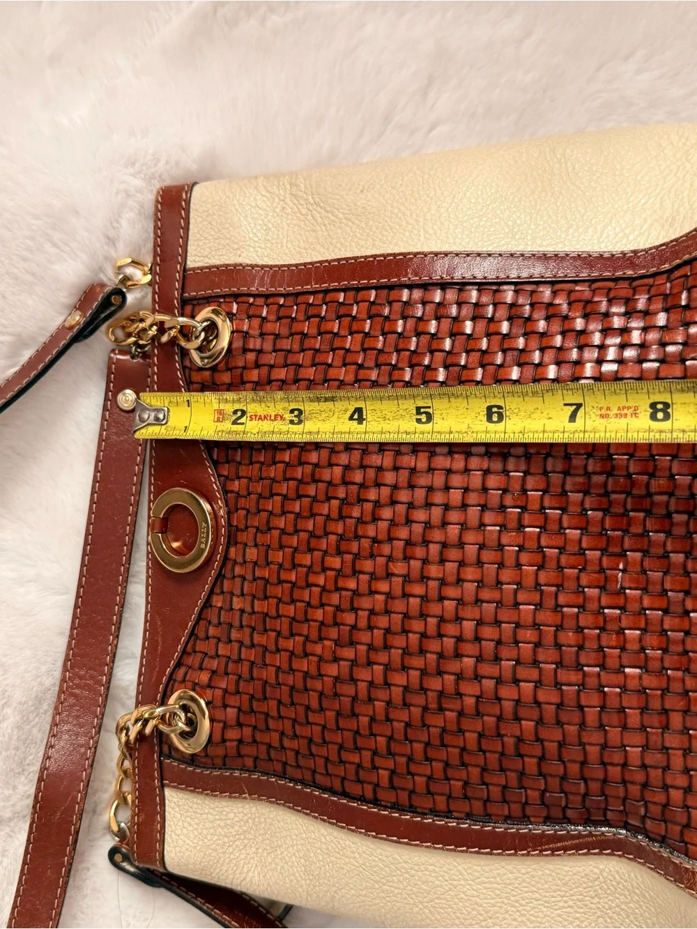 Bally vintage Brown Woven Leather Shoulder Bag with Cream Sides